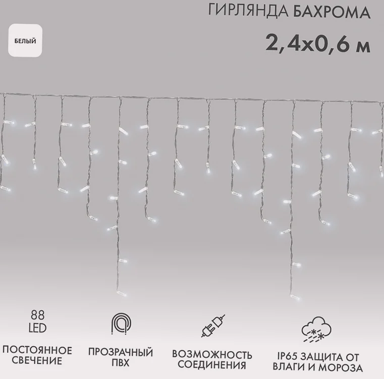 Гирлянда светодиодная Бахрома (Айсикл) 2,4х0,6м 88 LED БЕЛЫЙ прозрачный ПВХ IP65 постоянное свечение 230В блок в комплекте NEON-NIGHT