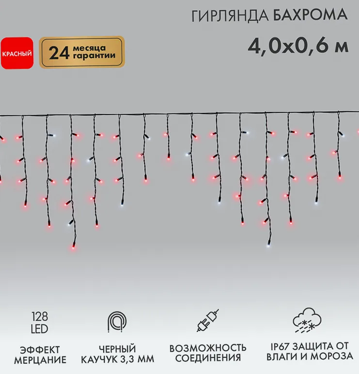 Гирлянда светодиодная Бахрома (Айсикл) 4,0х0,6м 128 LED КРАСНЫЙ черный каучук 3,3мм IP67 эффект мерцания 230В нужен блок 315-000 NEON-NIGHT