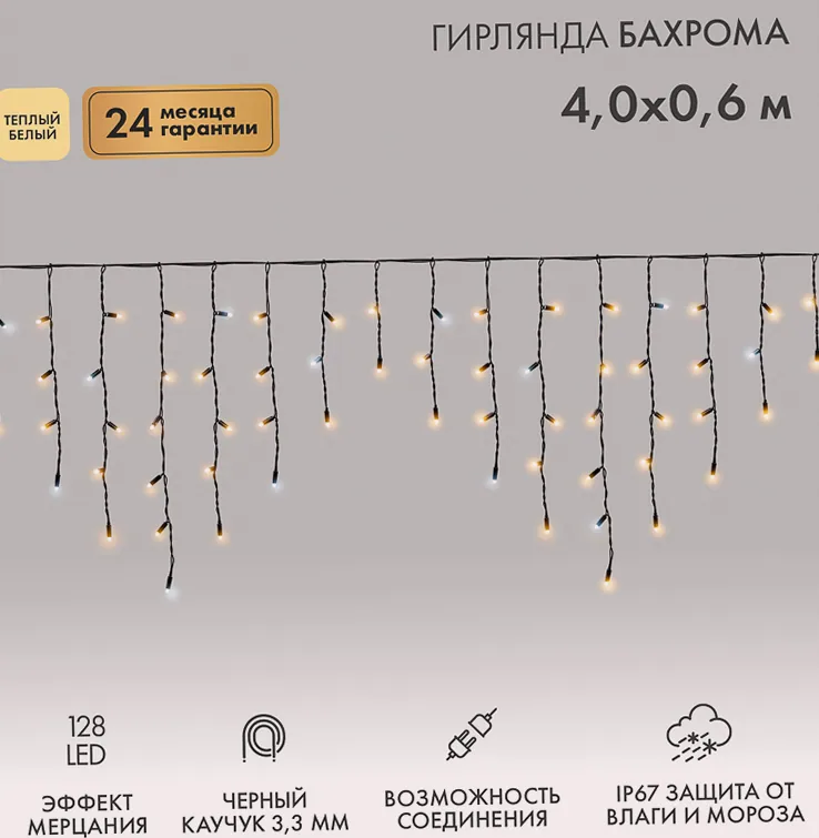 Гирлянда светодиодная Бахрома (Айсикл) 4,0х0,6м 128 LED ТЕПЛЫЙ БЕЛЫЙ черный каучук 3,3мм IP67 эффект мерцания 230В нужен блок 315-000 NEON-NIGHT
