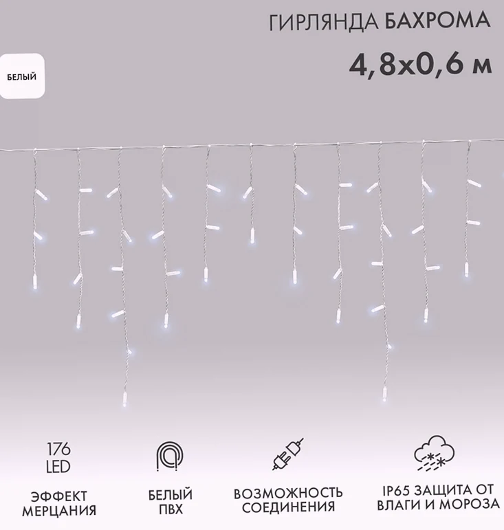 Гирлянда светодиодная Бахрома (Айсикл) 4,8х0,6м 176 LED БЕЛЫЙ белый ПВХ IP65 эффект мерцания 230В нужен блок 303-500-1 NEON-NIGHT