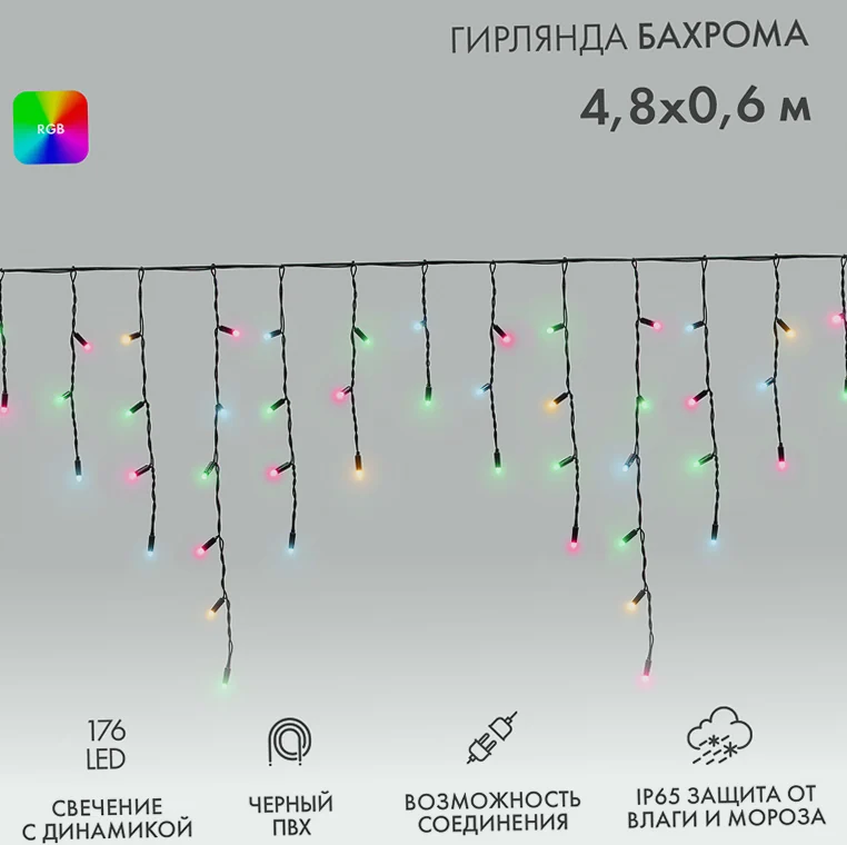 Гирлянда светодиодная Бахрома (Айсикл) 4,8х0,6м 176 LED RGB черный ПВХ IP65 свечение с динамикой 230В нужен контроллер 245-908 NEON-NIGHT