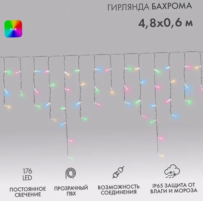 Гирлянда светодиодная Бахрома (Айсикл) 4,8х0,6м 176 LED RGB прозрачный ПВХ IP65 свечение с динамикой 230В нужен контроллер 245-908 NEON-NIGHT
